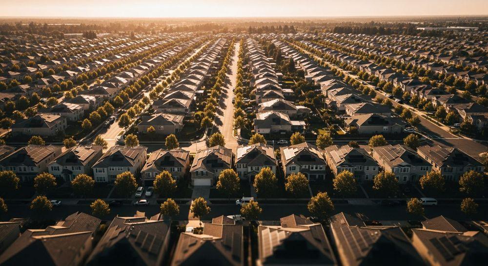 Aerial view of an AI data center campus among residential rooftops